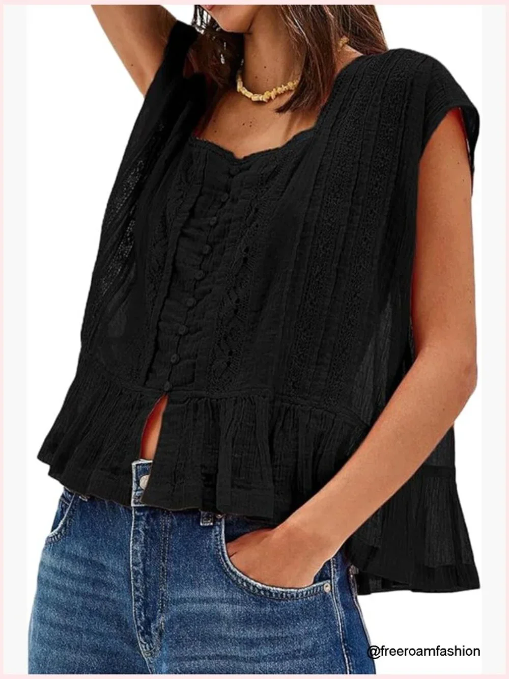 Semi Sheer Blouse Lace Trim Button Down Short Sleeve Round Neck Y2K Top - Picture 1 of 2